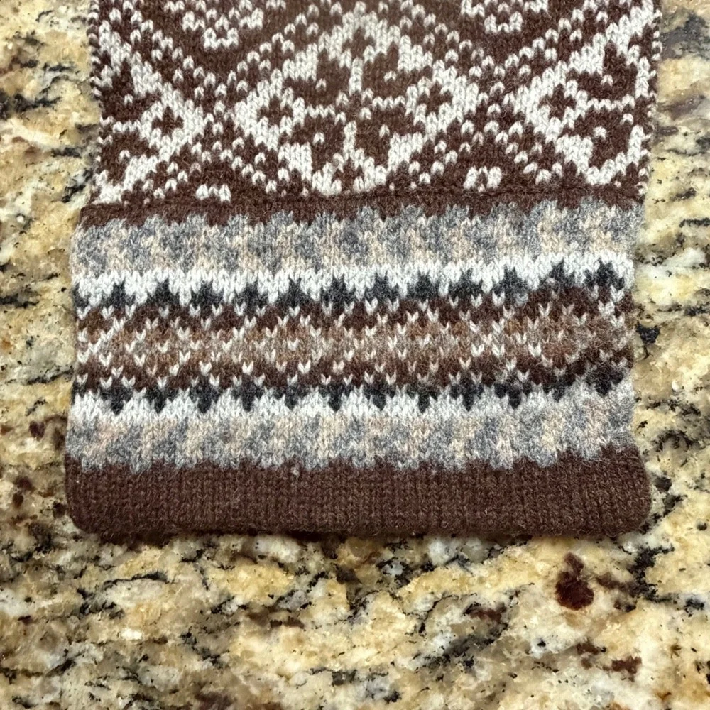 LL Bean Scarf Womens Brown Fair Isle Snowflake 100% Lambswool Knit OSFA 0GMP6